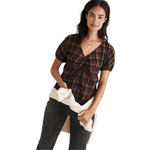 Madewell Gathered V-Neck Top in Fuller Plaid Warm Umber